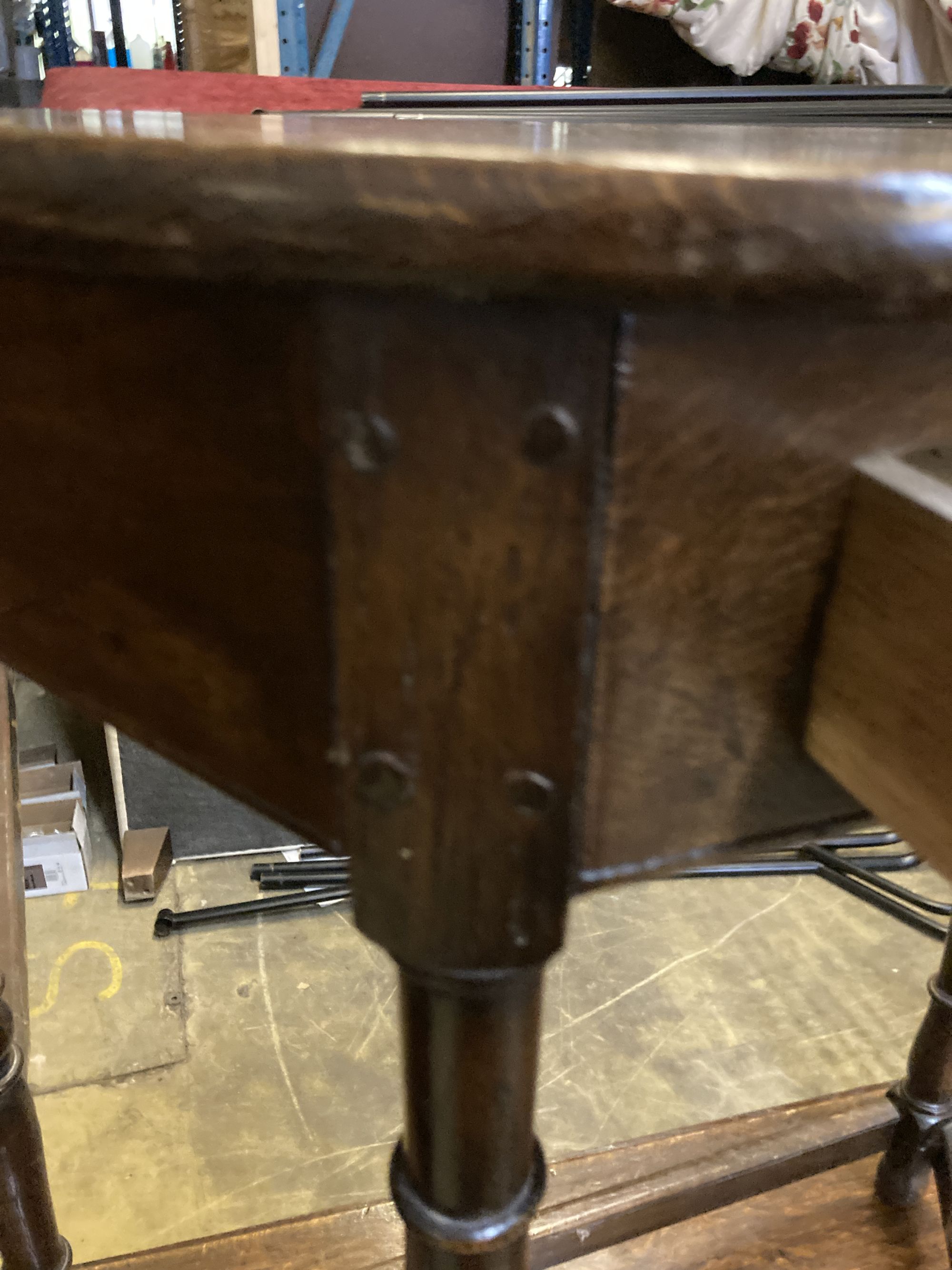 A 18th century style D shaped oak side table, width 68cm, depth 35cm, height 76cm